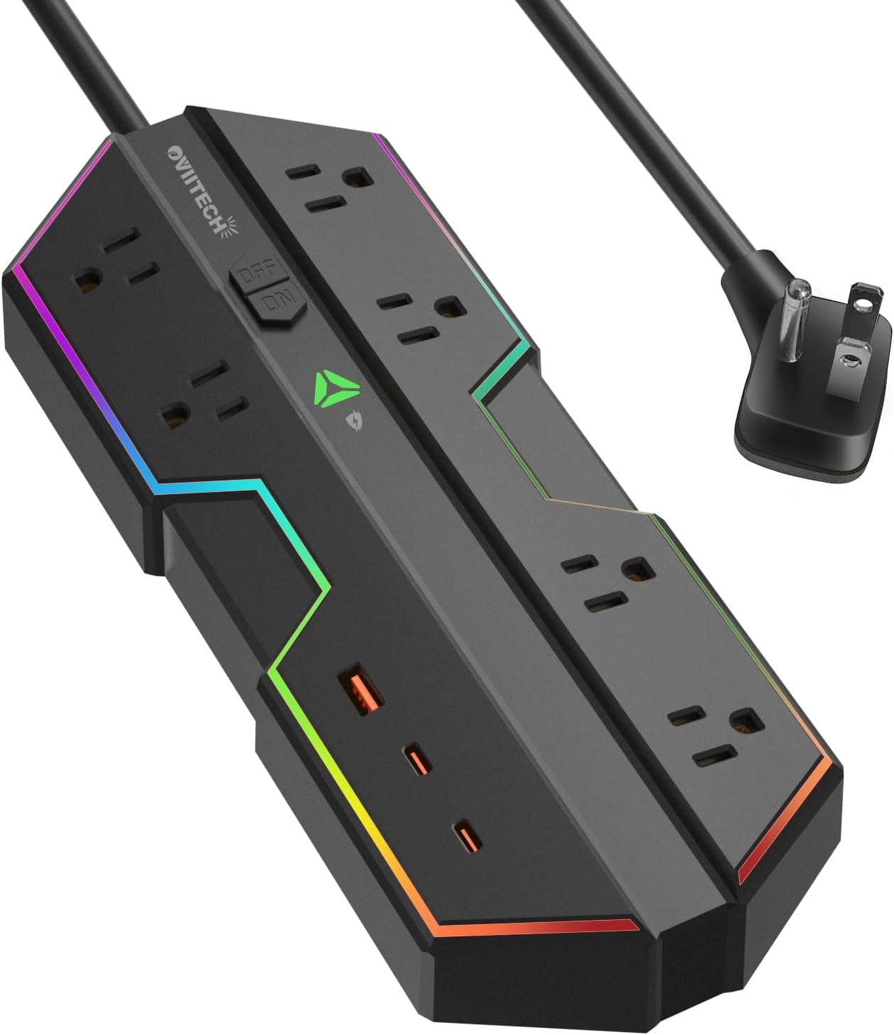 6 Outlet Surge Protector with USB Power Strip (2 USB-C) 6 Ft Extension Cord, LED Light with Full Spectrum Color Select,Compatible with Gaming Pc,Black (65W)