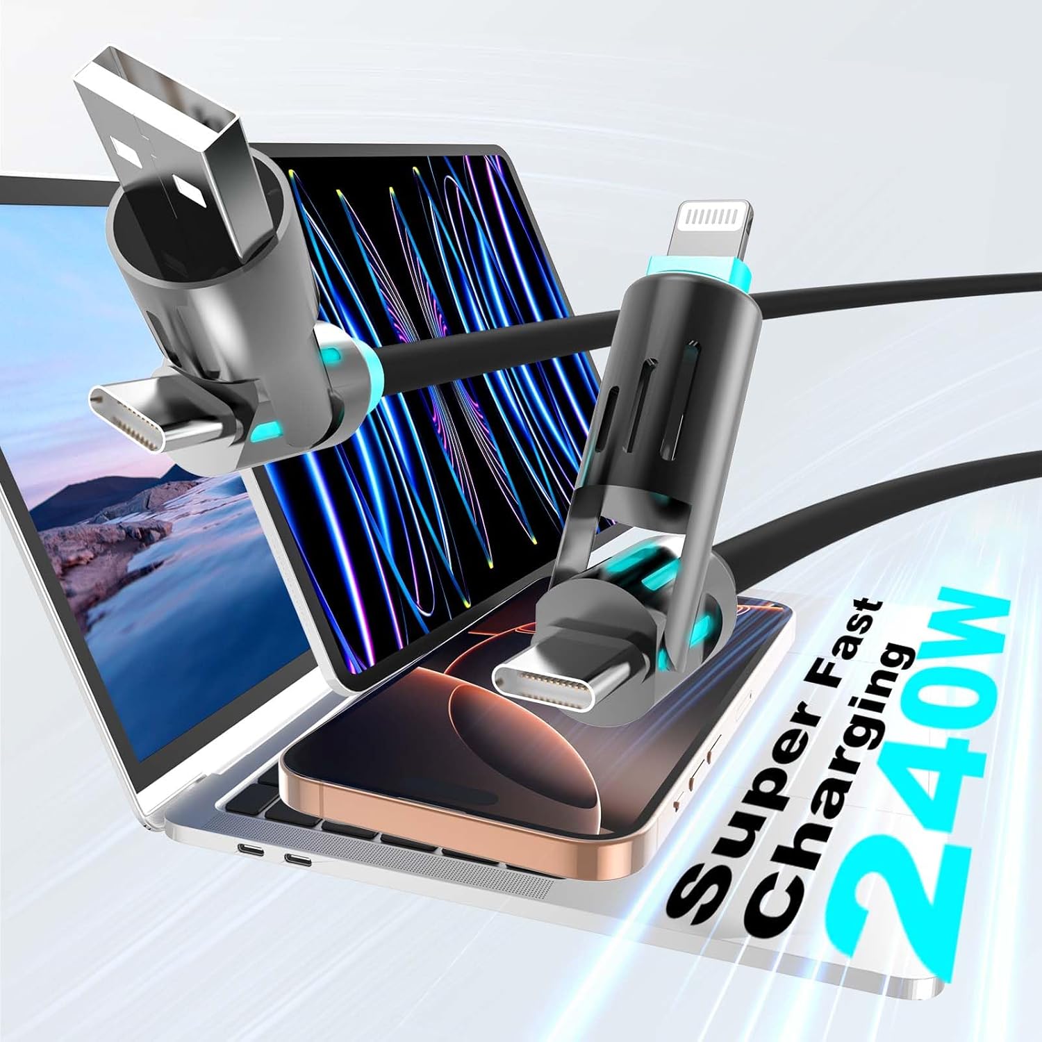 4-In-1 USB C Cable 6Ft,240W Max Multi Chubby Fast Charging Cord,Usb A/C to C/Lightning Cable with Light for Iphone 16 15 14 Pro/Macbook/Ipad/Samsung Galaxy S25/S24/Laptop
