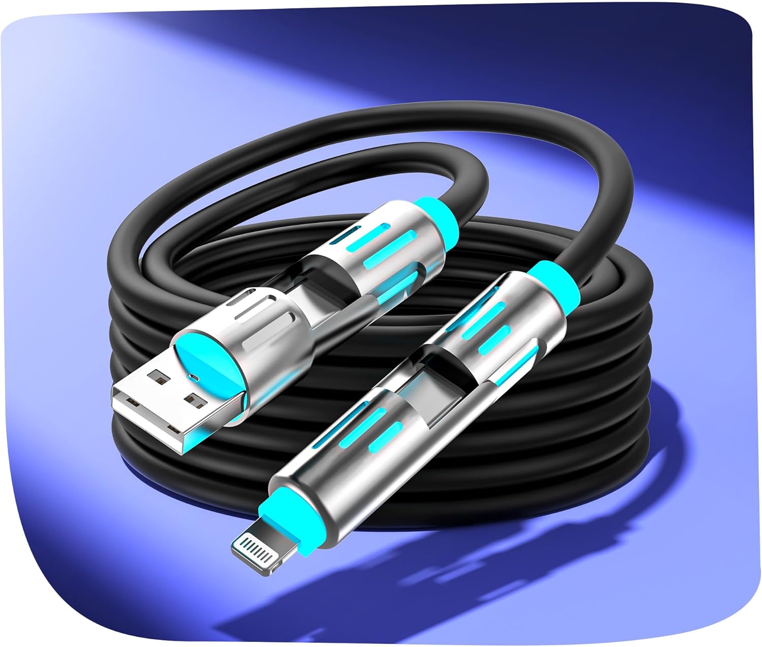 4-In-1 USB C Cable 6Ft,240W Max Multi Chubby Fast Charging Cord,Usb A/C to C/Lightning Cable with Light for Iphone 16 15 14 Pro/Macbook/Ipad/Samsung Galaxy S25/S24/Laptop