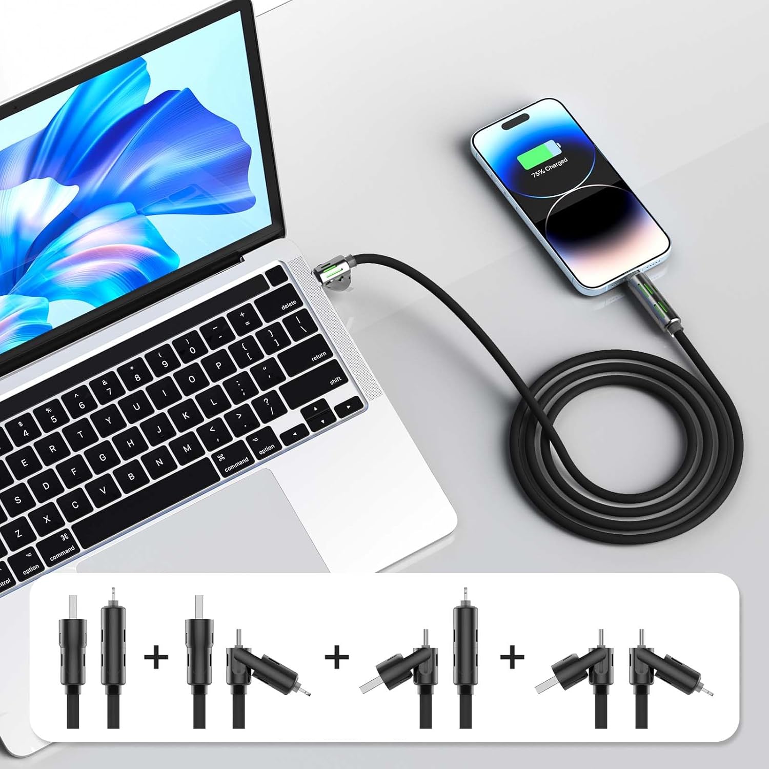 4-In-1 USB C Cable 6Ft,240W Max Multi Chubby Fast Charging Cord,Usb A/C to C/Lightning Cable with Light for Iphone 16 15 14 Pro/Macbook/Ipad/Samsung Galaxy S25/S24/Laptop