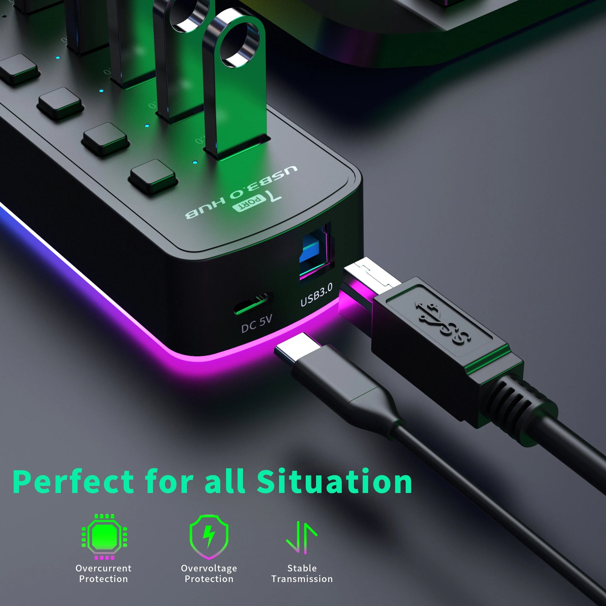 RGB USB 3.0 Hub 7 Ports Data Port Adapter 5Gbps Individual On/Off Switch Splitter Gaming USB Hub for Laptop PC Computer Accessor