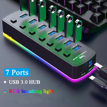 RGB USB 3.0 Hub 7 Ports Data Port Adapter 5Gbps Individual On/Off Switch Splitter Gaming USB Hub for Laptop PC Computer Accessor