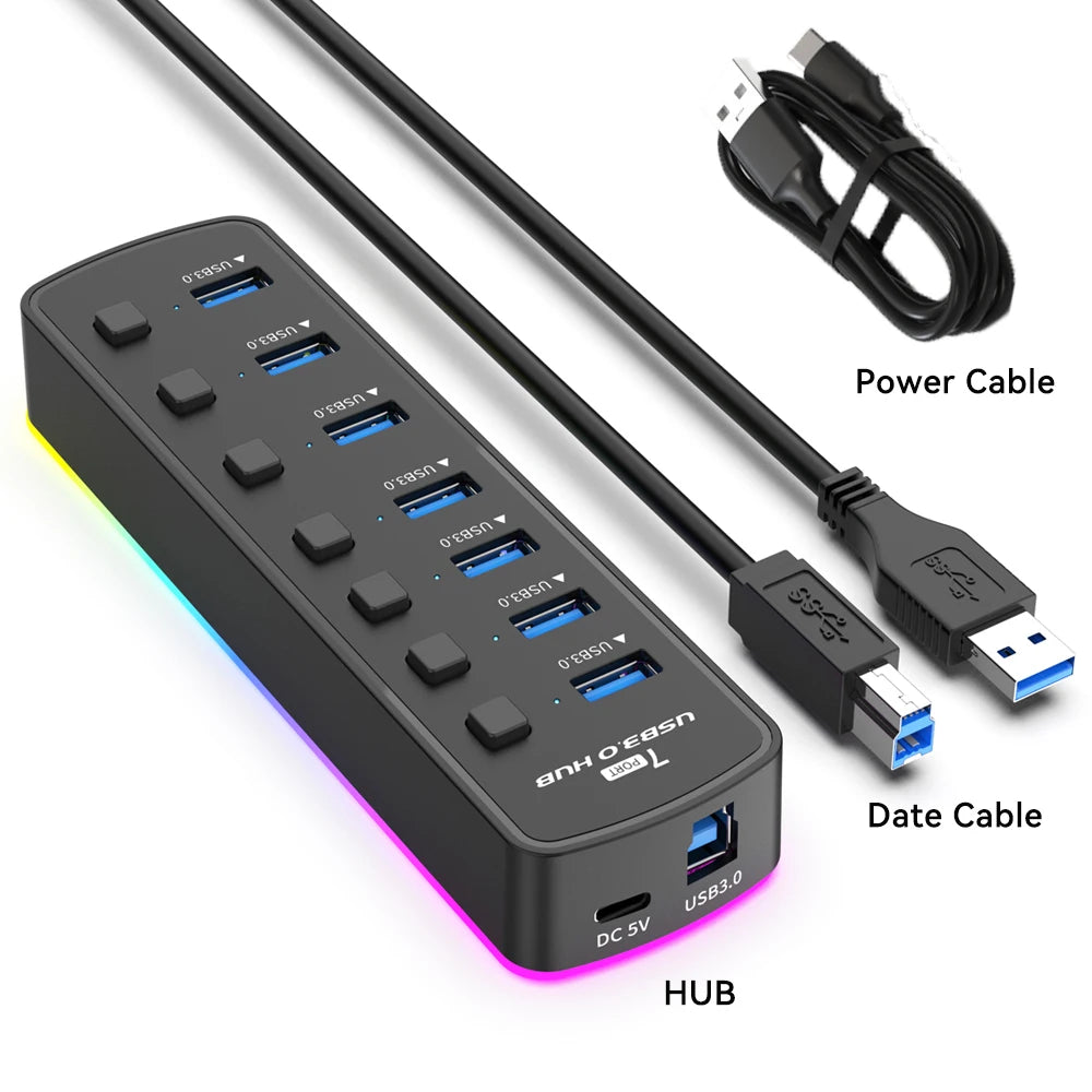 RGB USB 3.0 Hub 7 Ports Data Port Adapter 5Gbps Individual On/Off Switch Splitter Gaming USB Hub for Laptop PC Computer Accessor