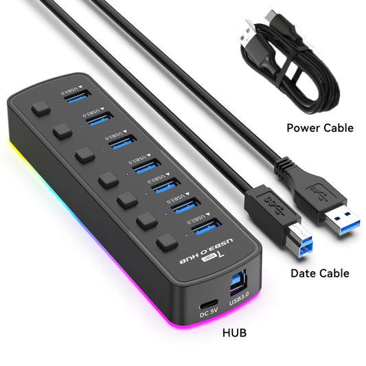 RGB USB 3.0 Hub 7 Ports Data Port Adapter 5Gbps Individual On/Off Switch Splitter Gaming USB Hub for Laptop PC Computer Accessor